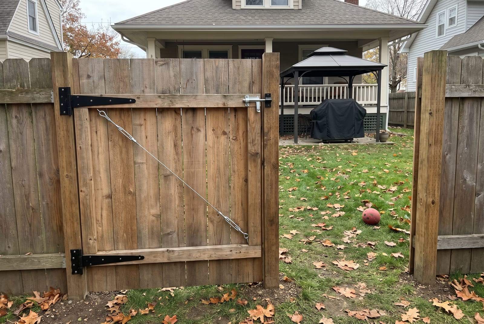 Cedar privacy gate on black strap hinges with an anti-sag cable and turnbuckle across its back