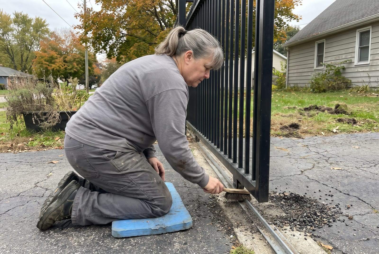 Technician kneeling on a pad, brushing grit out of a slide gate track