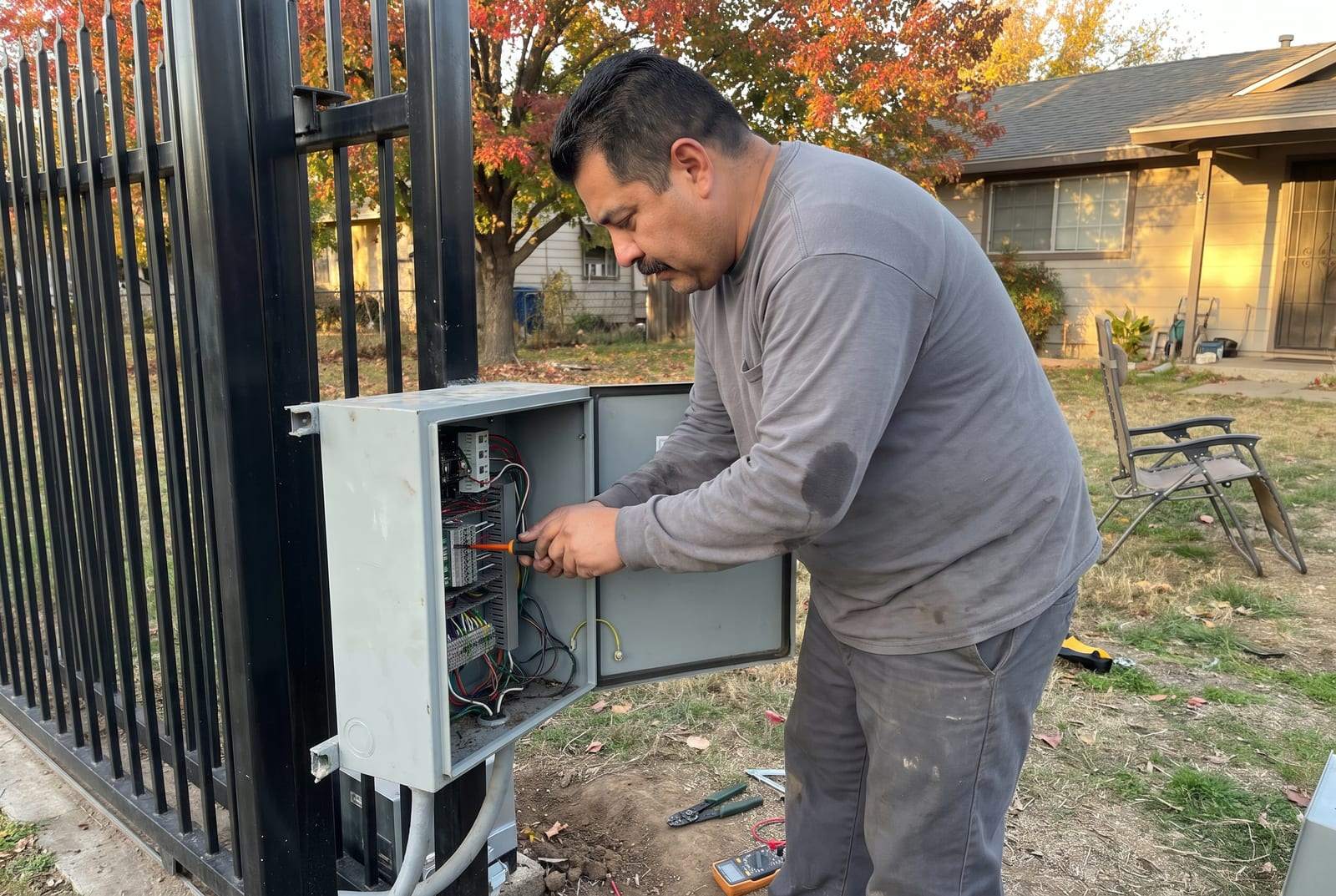 Technician working inside an open gate control box mounted on a post