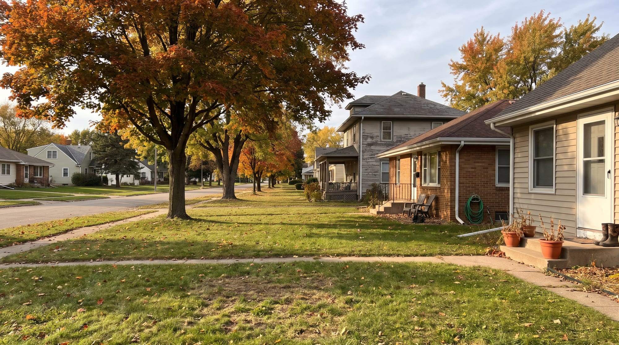 Front lawns and porches of a quiet residential street under autumn maples